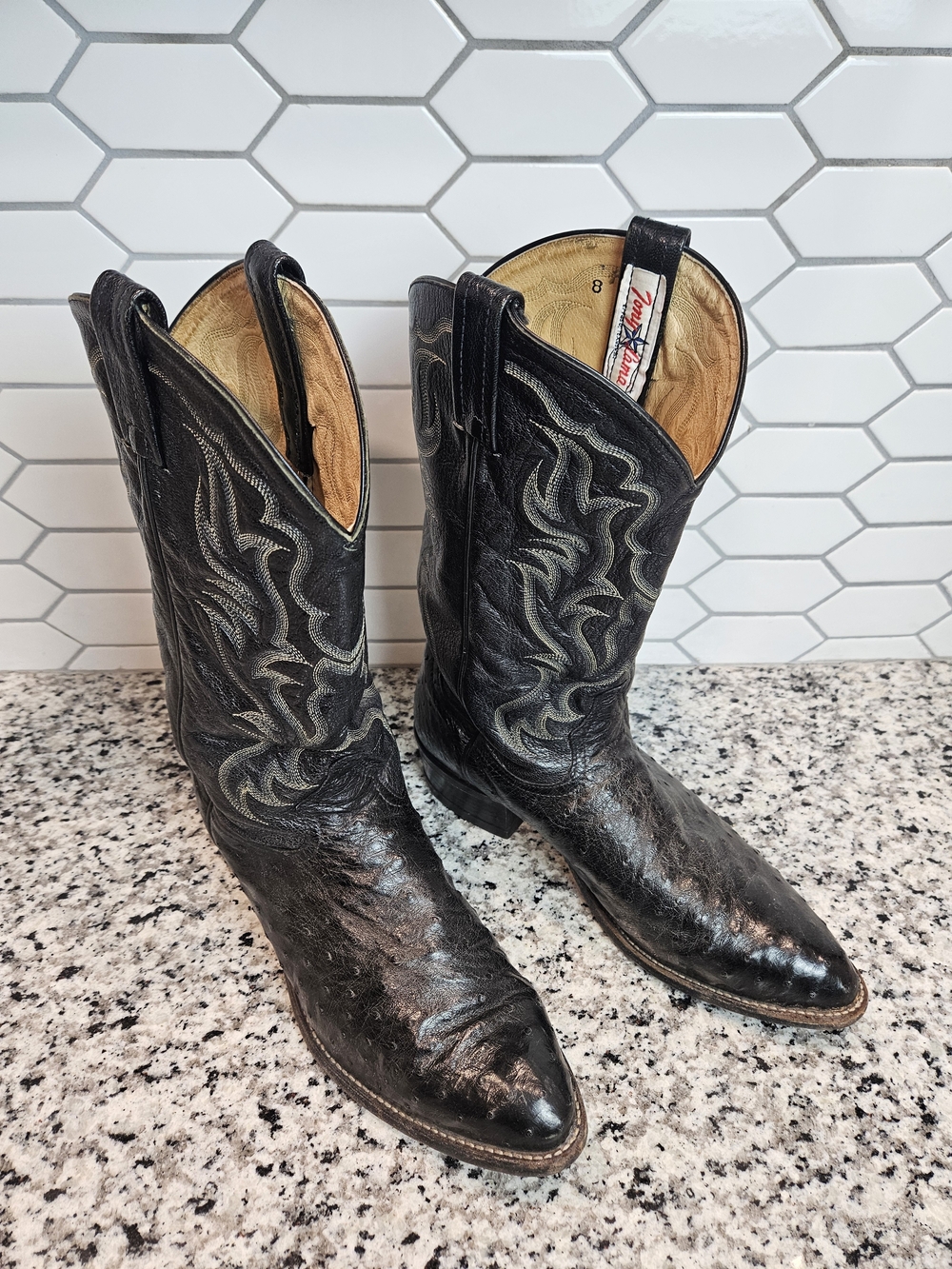 Tony Lama Black Ostrich Cowboy Boots with Embroidered Shaft